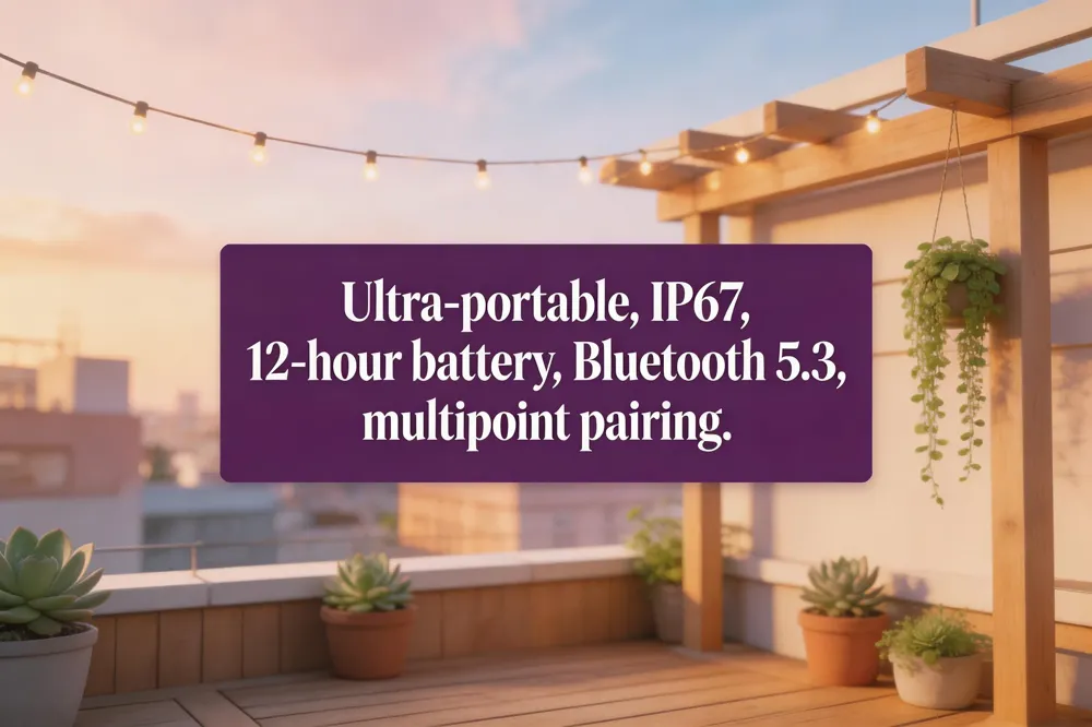 Ultra‑portable, IP67, 12‑hour battery, Bluetooth 5.3, multipoint pairing.