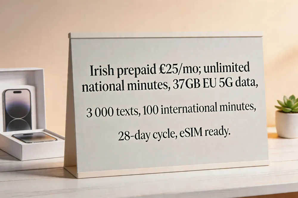 Irish prepaid €25/mo; unlimited national minutes, 37 GB EU 5G data, 3 000 texts, 100 international minutes, 28‑day cycle, eSIM ready.
