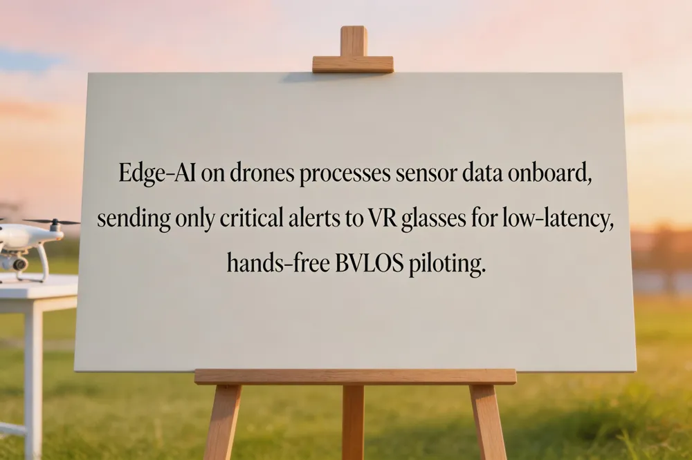 Edge‑AI on drones processes sensor data onboard, sending only critical alerts to VR glasses for low‑latency, hands‑free BVLOS piloting.
