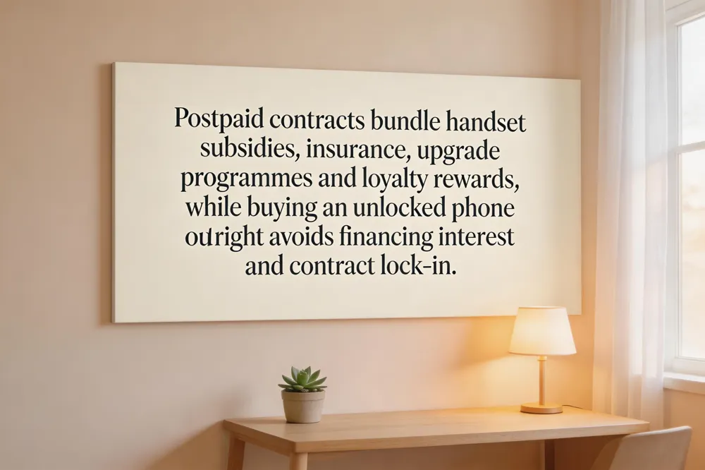 Postpaid contracts bundle handset subsidies, insurance, upgrade programmes and loyalty rewards, while buying an unlocked phone outright avoids financing interest and contract lock‑in.
