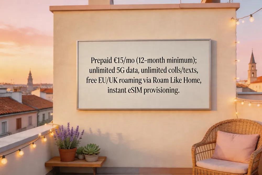 Prepaid €15/mo (12‑month minimum); unlimited 5G data, unlimited calls/texts, free EU/UK roaming via Roam Like Home, instant eSIM provisioning.