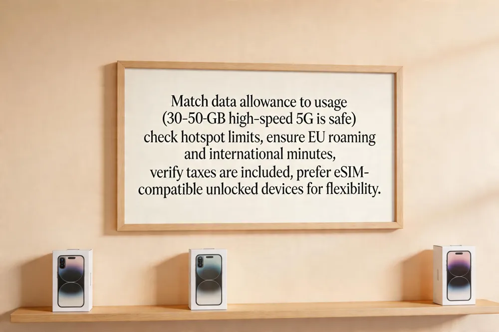 Match data allowance to usage (30‑50 GB high‑speed 5G is safe), check hotspot limits, ensure EU roaming and international minutes, verify taxes are included, and prefer eSIM‑compatible unlocked devices for flexibility.