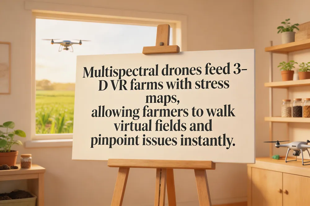 Multispectral drones feed 3‑D VR farms with stress maps, allowing farmers to walk virtual fields and pinpoint issues instantly.