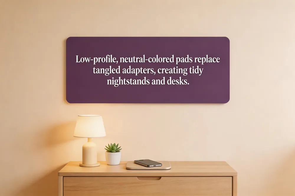 Low‑profile, neutral‑colored pads replace tangled adapters, creating tidy nightstands and desks.
