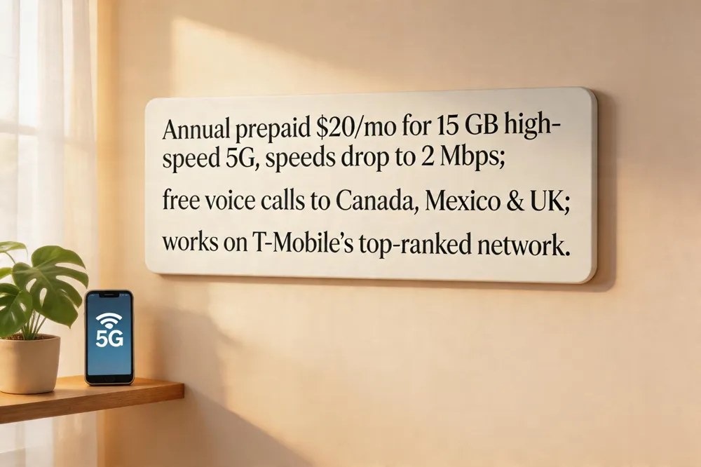 Annual prepaid $20/mo for 15 GB high‑speed 5G, speeds drop to 2 Mbps; free voice calls to Canada, Mexico &amp; UK; works on T‑Mobile’s top‑ranked network.