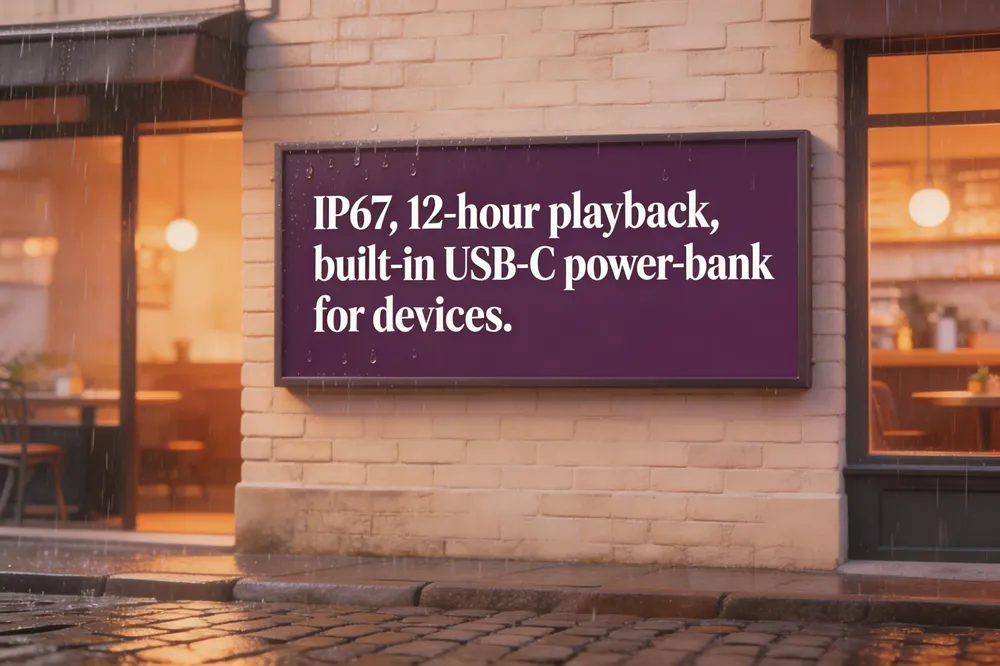 IP67, 12‑hour playback, built‑in USB‑C power‑bank for devices.