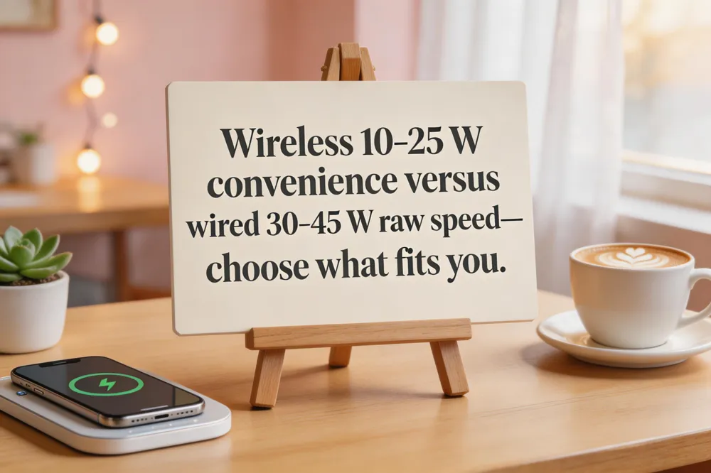 Wireless 10‑25 W convenience versus wired 30‑45 W raw speed—choose what fits you.