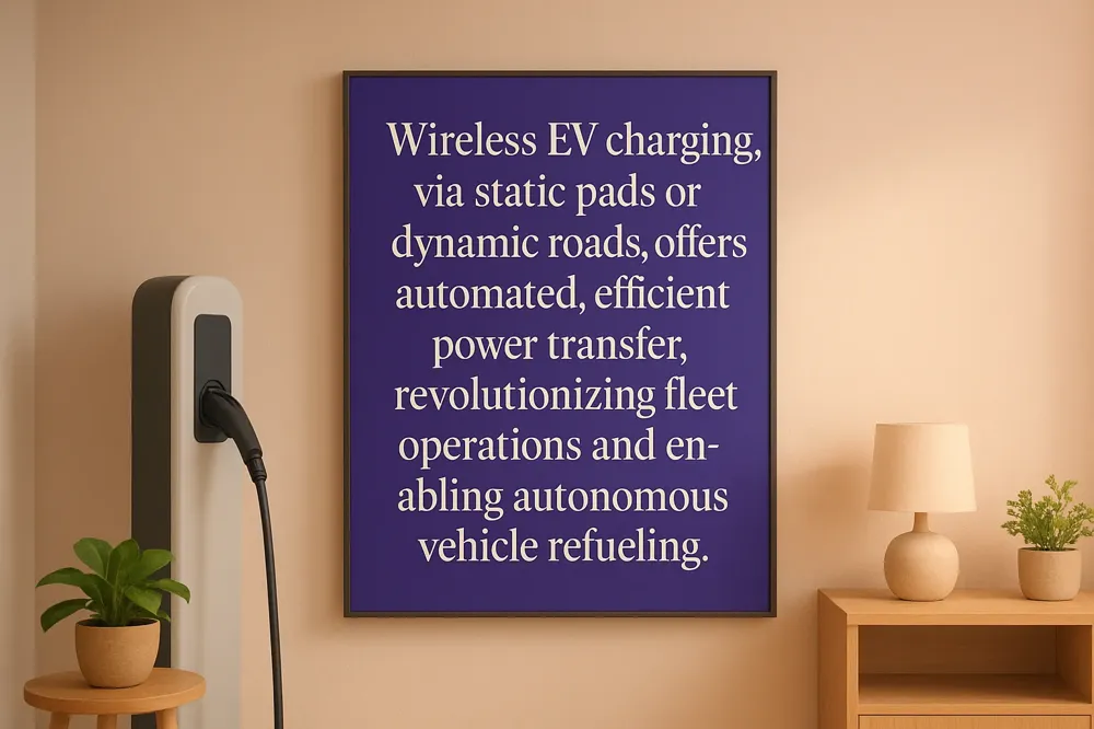 Wireless EV charging, via static pads or dynamic roads, offers automated, efficient power transfer, revolutionizing fleet operations and enabling autonomous vehicle refueling.