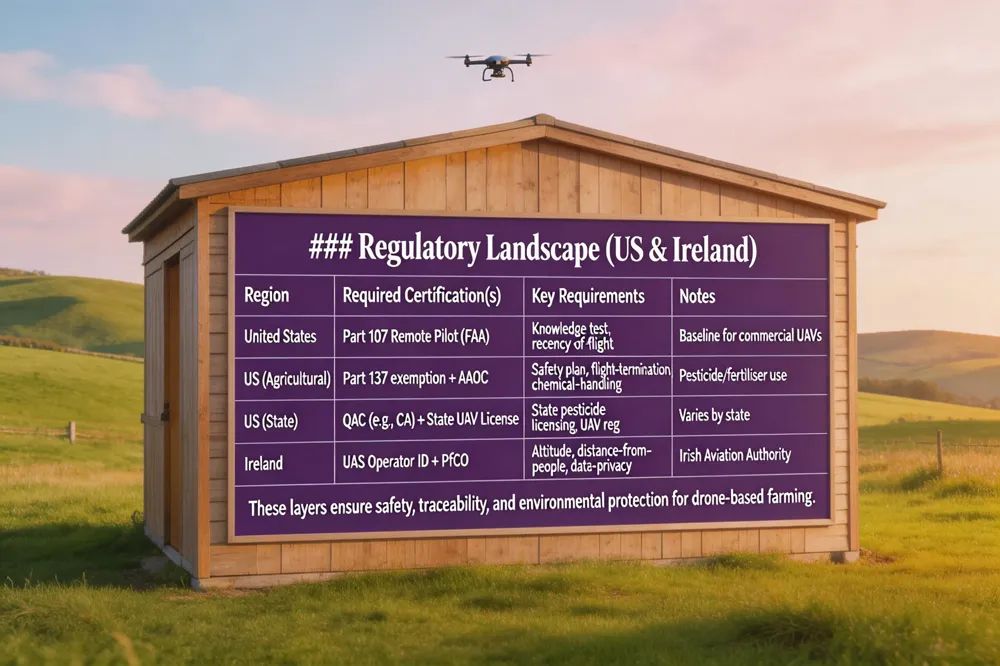 ### Regulatory Landscape (US & Ireland)
| Region | Required Certification(s) | Key Requirements | Notes |
|---|---|---|---|
| United States | Part 107 Remote Pilot Certificate (FAA) | Knowledge test, recency‑of‑flight | Baseline for all commercial UAVs |
| United States (agricultural) | Part 137 exemption + AAOC | Safety plan, flight‑termination system, chemical‑handling protocol | Needed for pesticide/fertiliser dispensing |
| United States (state level) | Qualified Applicator Certificate (QAC) (e.g., CA) + State‑specific UAV license | State pesticide licensing, UAV registration | Varies by state |
| Ireland | UAS Operator ID (registration > 250 g) + PfCO (Permission for Commercial Operations) | Altitude, distance‑from‑people, data‑privacy compliance | Administered by Irish Aviation Authority |
These layers ensure safety, traceability, and environmental protection for drone‑based farming.