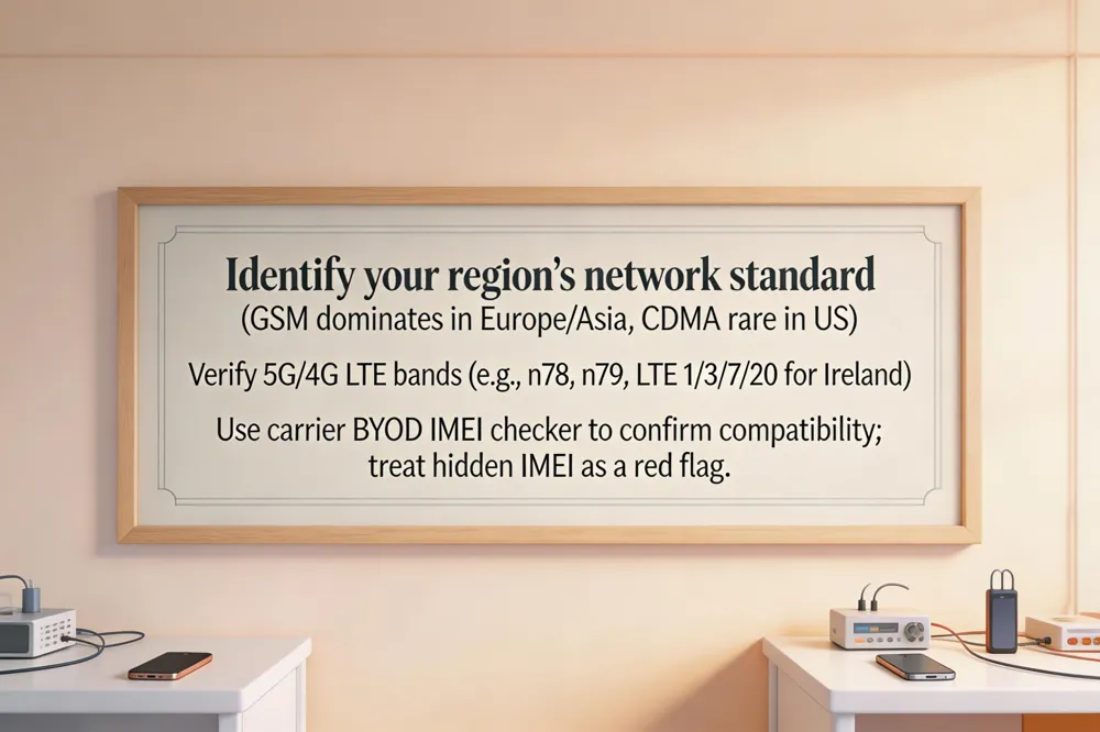 Identify your region’s network standard (GSM dominates in Europe/Asia, CDMA rare in US). Verify 5G/4G LTE bands (e.g., n78, n79, LTE 1/3/7/20 for Ireland). Use carrier BYOD IMEI checker to confirm compatibility; treat hidden IMEI as a red flag.