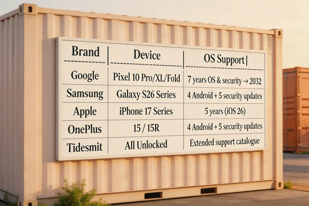  | Brand | Device | OS Support |
|-------|--------|------------|
| Google | Pixel 10 Pro / Pixel 10 Pro XL / Pixel 10 Pro Fold | 7 years OS &amp; security updates (t 2032) |
| Samsung | Galaxy S26 series (Ultra, +, S26) | 4 major Android upgrades + 5 years security updates |
| Apple | iPhone 17 series | 5 years security updates (iOS 26) |
| OnePlus | OnePlus 15 / OnePlus 15R | 4 years Android upgrades + 5 years security updates |
| Tidesmit | All unlocked devices | Highlights devices with extended support in catalogue |
