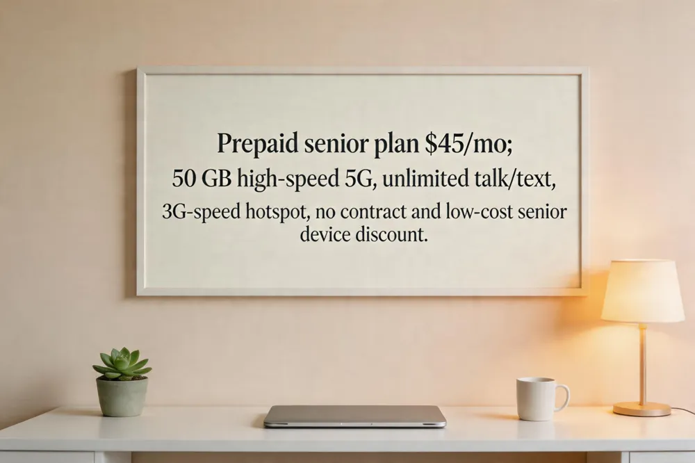 Prepaid senior plan $45/mo; 50 GB high‑speed 5G, unlimited talk/text, 3G‑speed hotspot, no contract and low‑cost senior device discount.