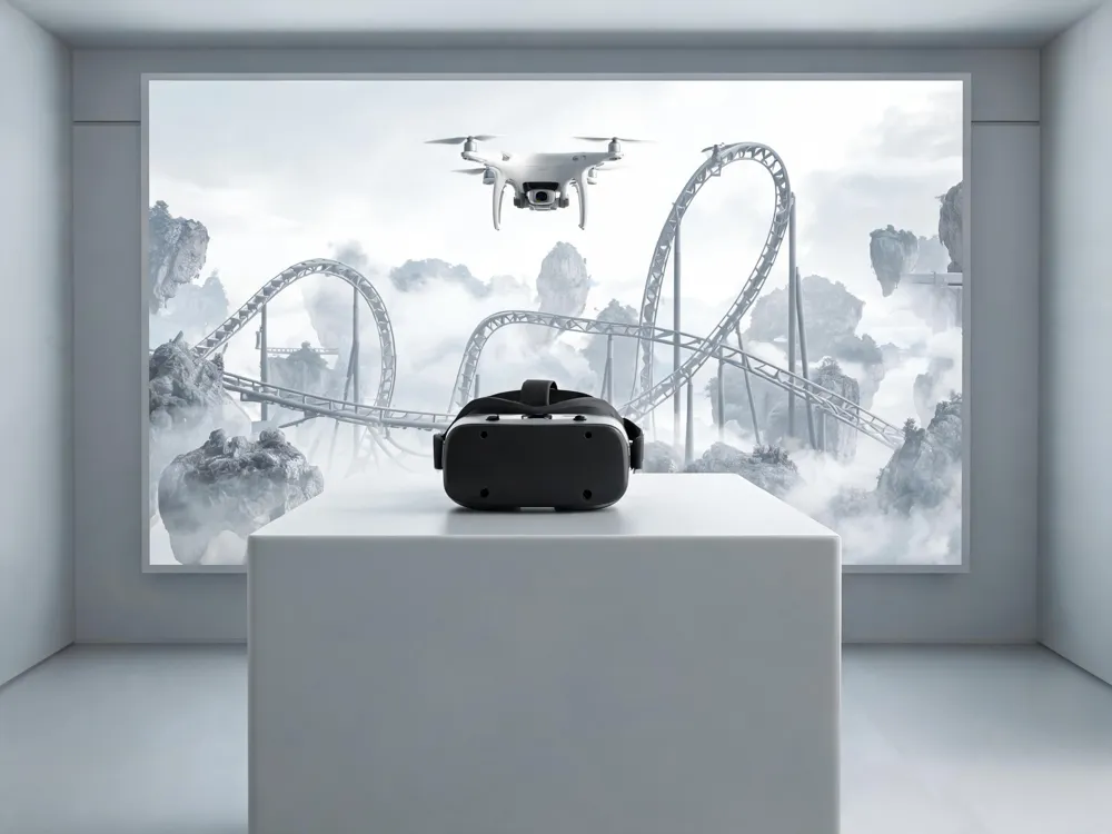 Drones capture 360-degree aerial footage that, when paired with VR headsets, transforms traditional roller coasters into immersive journeys through fantastical landscapes.