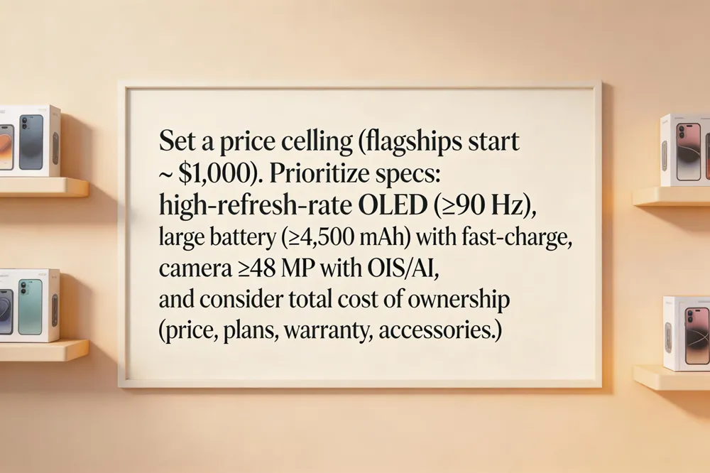 Set a price ceiling (flagships start ~ $1,000). Prioritize specs: high‑refresh‑rate OLED (≥90 Hz), large battery (≥4,500 mAh) with fast‑charge, camera ≥48 MP with OIS/AI, and consider total cost of ownership (price, plans, warranty, accessories).