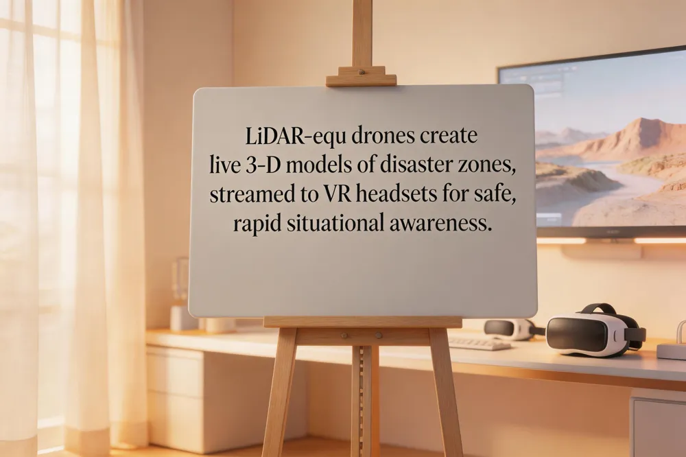 LiDAR‑equ drones create live 3‑D models of disaster zones, streamed to VR headsets for safe, rapid situational awareness.