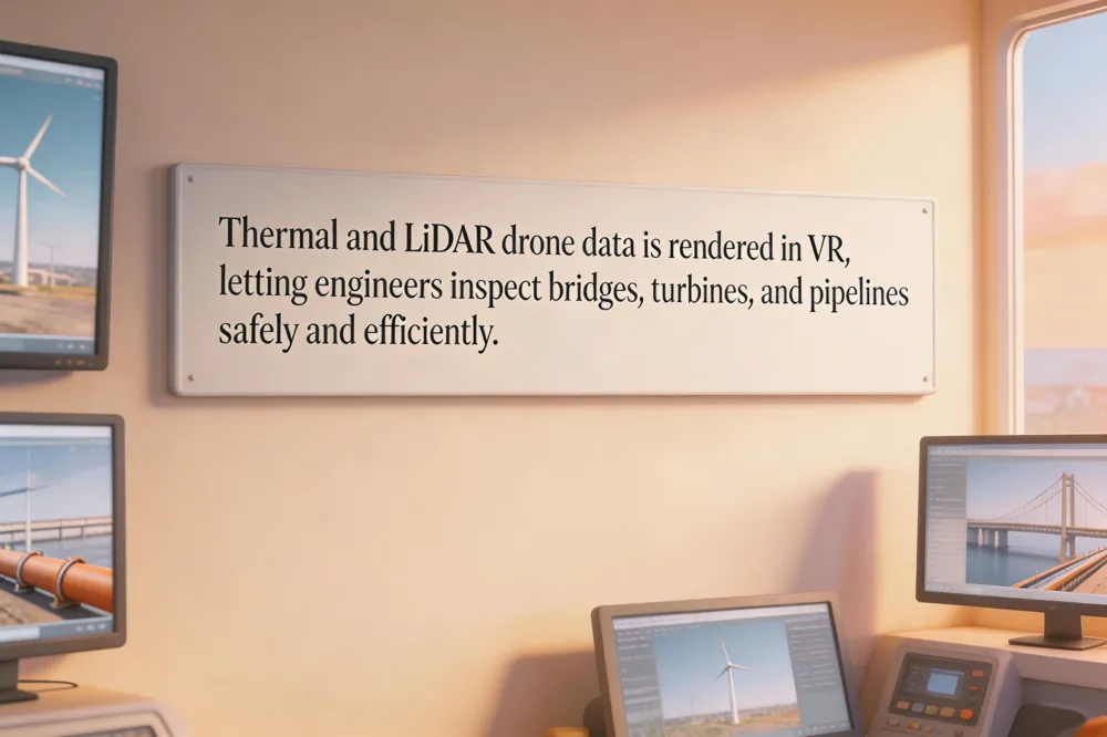 Thermal and LiDAR drone data is rendered in VR, letting engineers inspect bridges, turbines, and pipelines safely and efficiently.