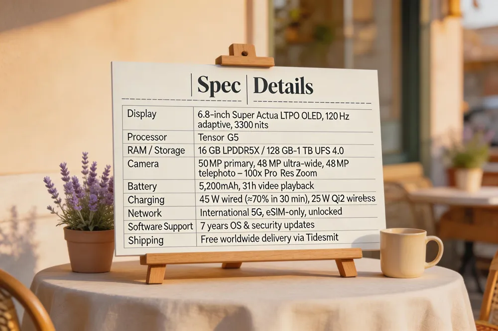  | Spec | Details |
|------|---------|
| Display | 6.8‑inch Super Actua LTPO OLED, 120 Hz adaptive, 3300 nits |
| Processor | Tensor G5 |
| RAM / Storage | 16 GB LPDDR5X / 128 GB‑1 TB UFS 4.0 |
| Camera | 50 MP primary, 48 MP ultra‑wide, 48 MP telephoto – 100× Pro Res Zoom |
| Battery | 5,200 mAh, 31 h video playback |
| Charging | 45 W wired (≈70 % in 30 min), 25 W Qi2 wireless |
| Network | International 5G, eSIM‑only, unlocked |
| Software Support | 7 years OS &amp; security updates |
| Shipping | Free worldwide delivery via Tidesmit |
