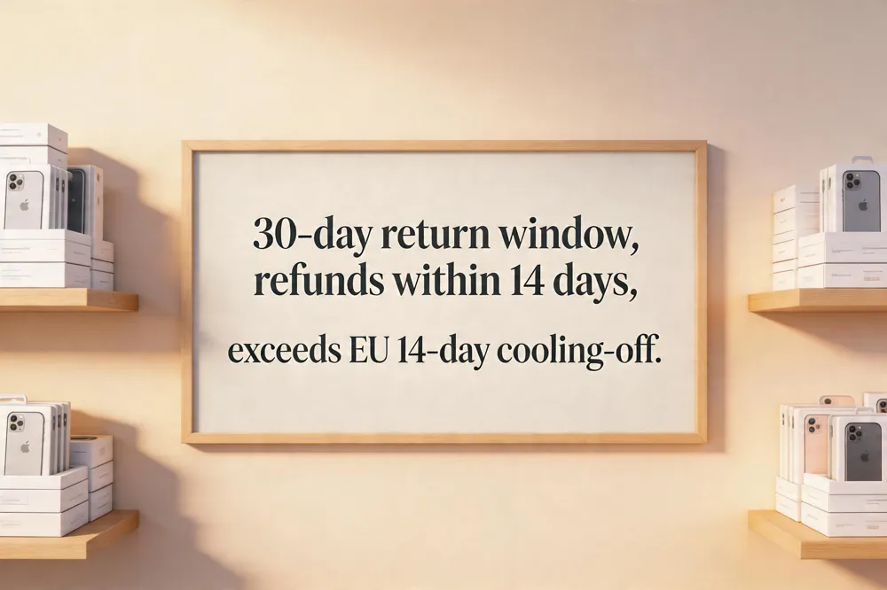 30‑day return window, refunds within 14 days, exceeds EU 14‑day cooling‑off.