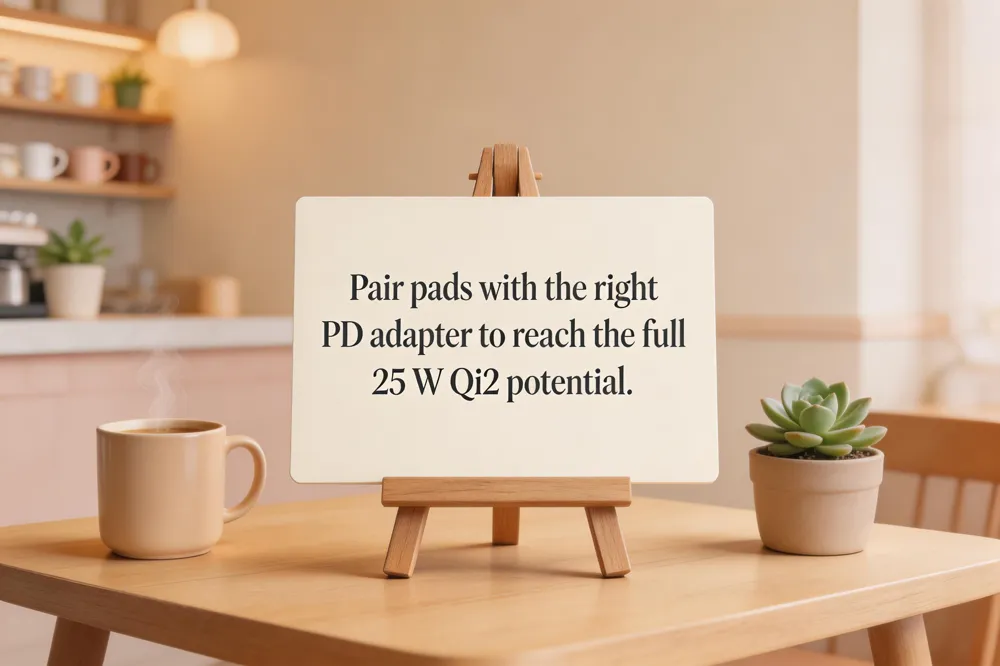 Pair pads with the right PD adapter to reach the full 25 W Qi2 potential.