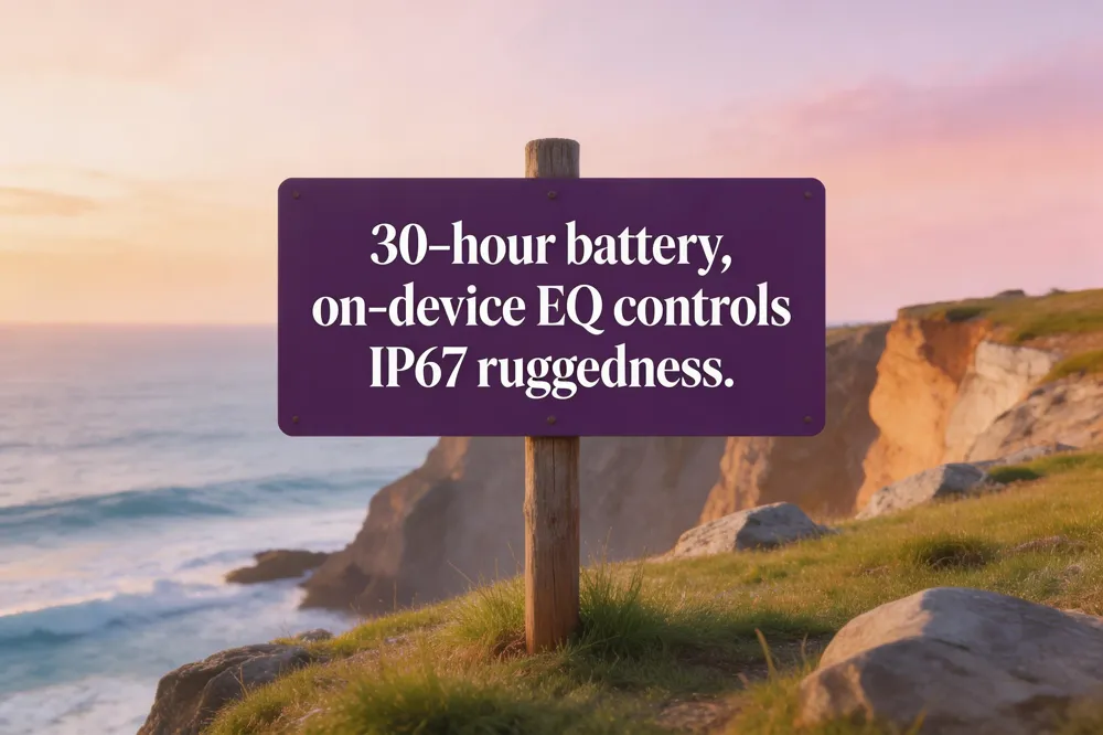30‑hour battery, on‑device EQ controls, IP67 ruggedness.