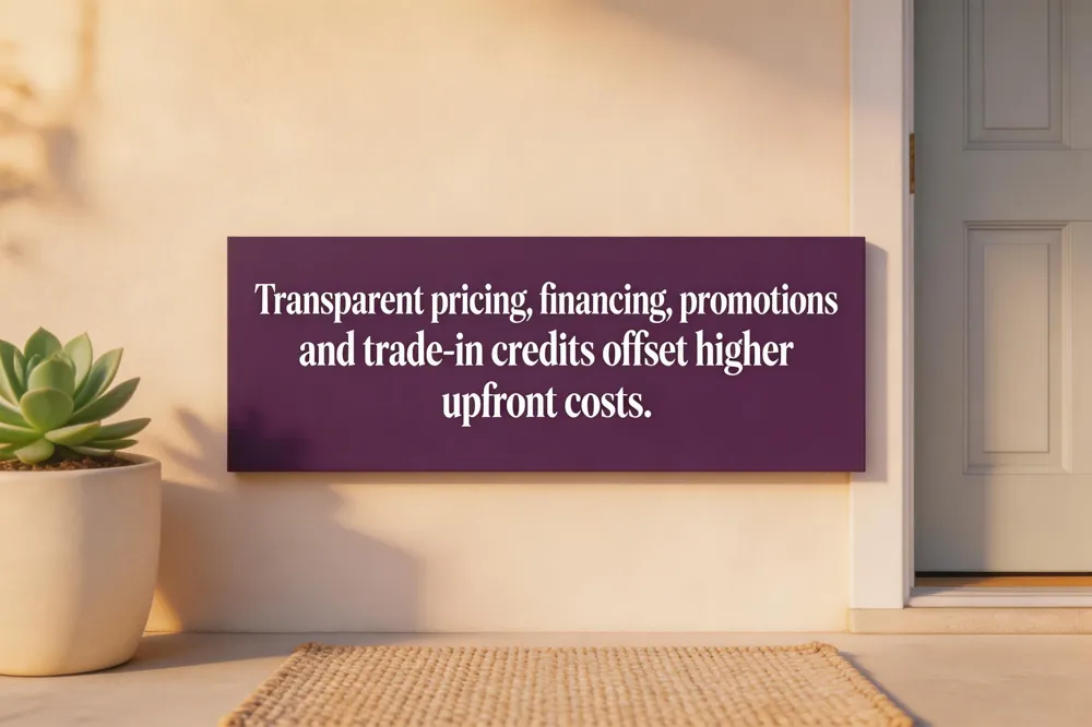 Transparent pricing, financing, promotions and trade‑in credits offset higher upfront costs.