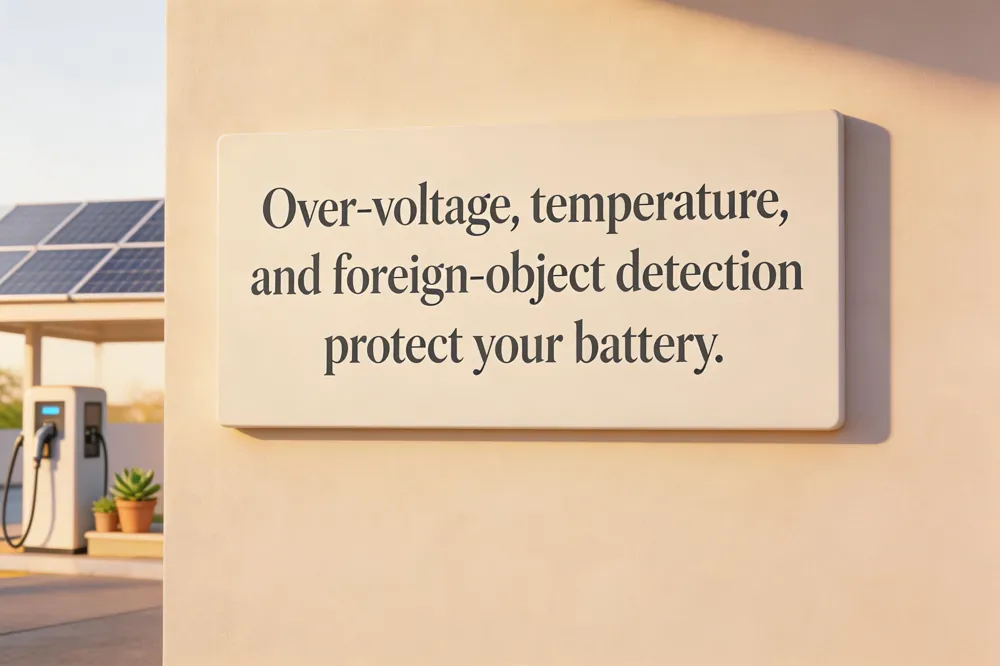 Over‑voltage, temperature, and foreign‑object detection protect your battery.