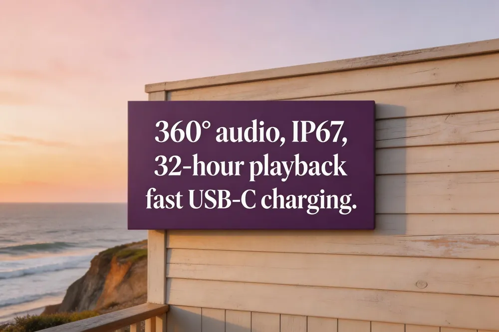 360° audio, IP67, 32‑hour playback, fast USB‑C charging.