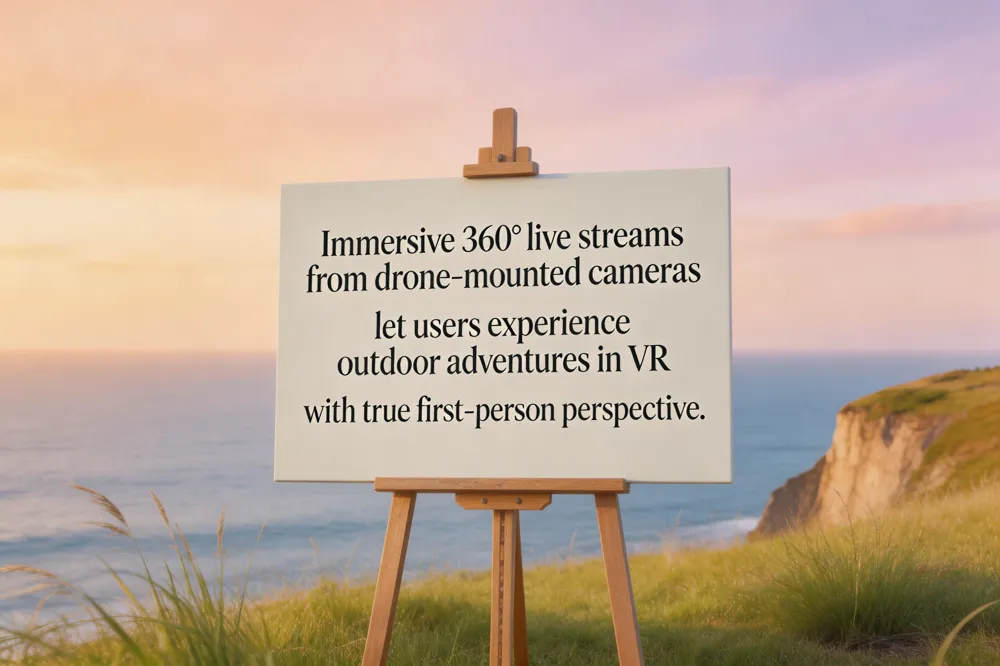 Immersive 360° live streams from drone‑mounted cameras let users experience outdoor adventures in VR with true first‑person perspective.