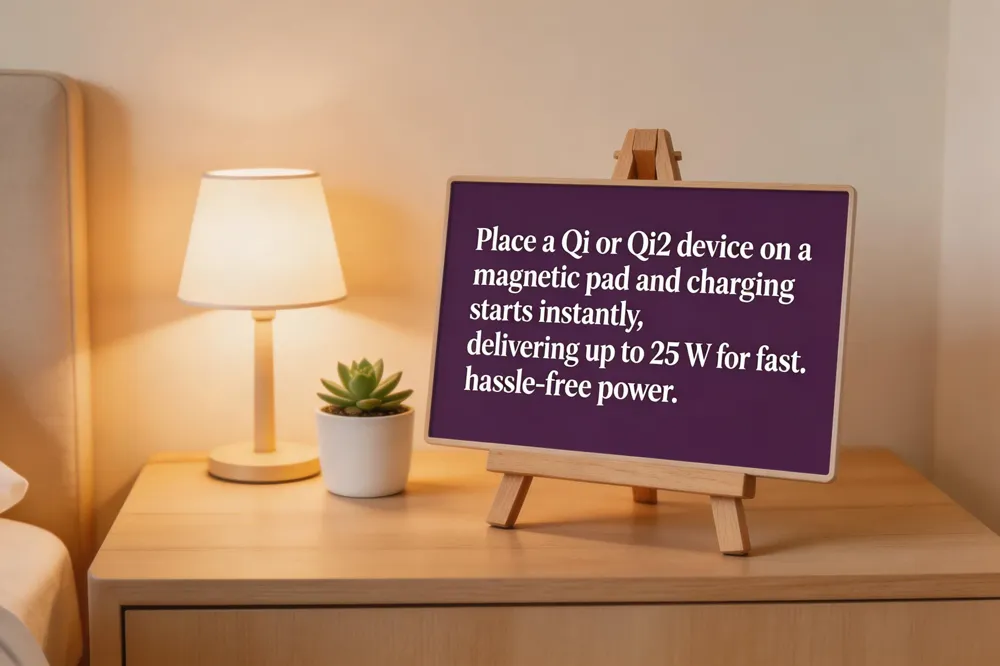 Place a Qi or Qi2 device on a magnetic pad and charging starts instantly, delivering up to 25 W for fast, hassle‑free power.