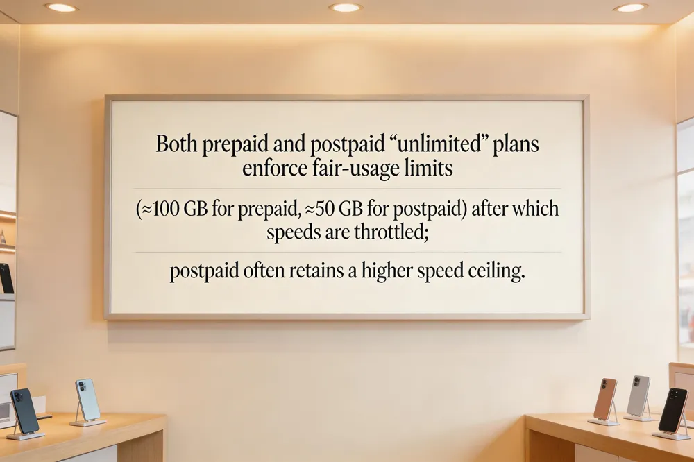 Both prepaid and postpaid “unlimited” plans enforce fair‑usage limits (≈100 GB for prepaid, ≈50 GB for postpaid) after which speeds are throttled; postpaid often retains a higher speed ceiling.