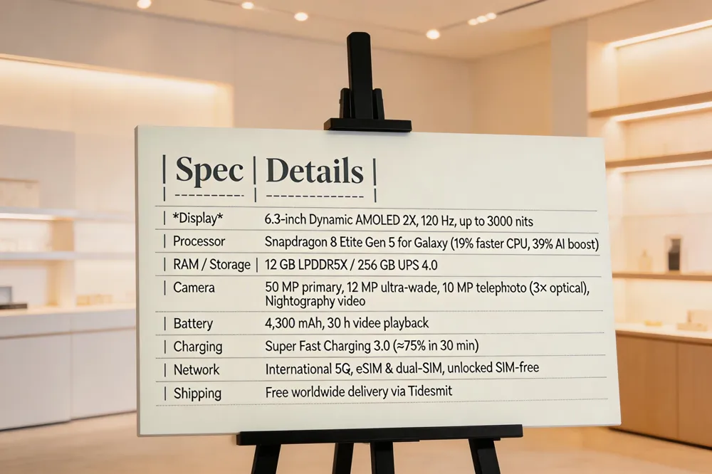  | Spec | Details |
|------|---------|
| Display | 6.3‑inch Dynamic AMOLED 2X, 120 Hz, up to 3000 nits |
| Processor | Snapdragon 8 Elite Gen 5 for Galaxy (19 % faster CPU, 39 % AI boost) |
| RAM / Storage | 12 GB LPDDR5X / 256 GB UFS 4.0 |
| Camera | 50 MP primary, 12 MP ultra‑wide, 10 MP telephoto (3× optical), Nightography video |
| Battery | 4,300 mAh, 30 h video playback |
| Charging | Super Fast Charging 3.0 (≈75 % in 30 min) |
| Network | International 5G, eSIM &amp; dual‑SIM, unlocked SIM‑free |
| Shipping | Free worldwide delivery via Tidesmit |
