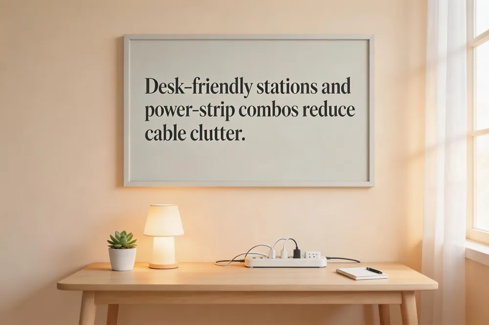 Desk‑friendly stations and power‑strip combos reduce cable clutter.