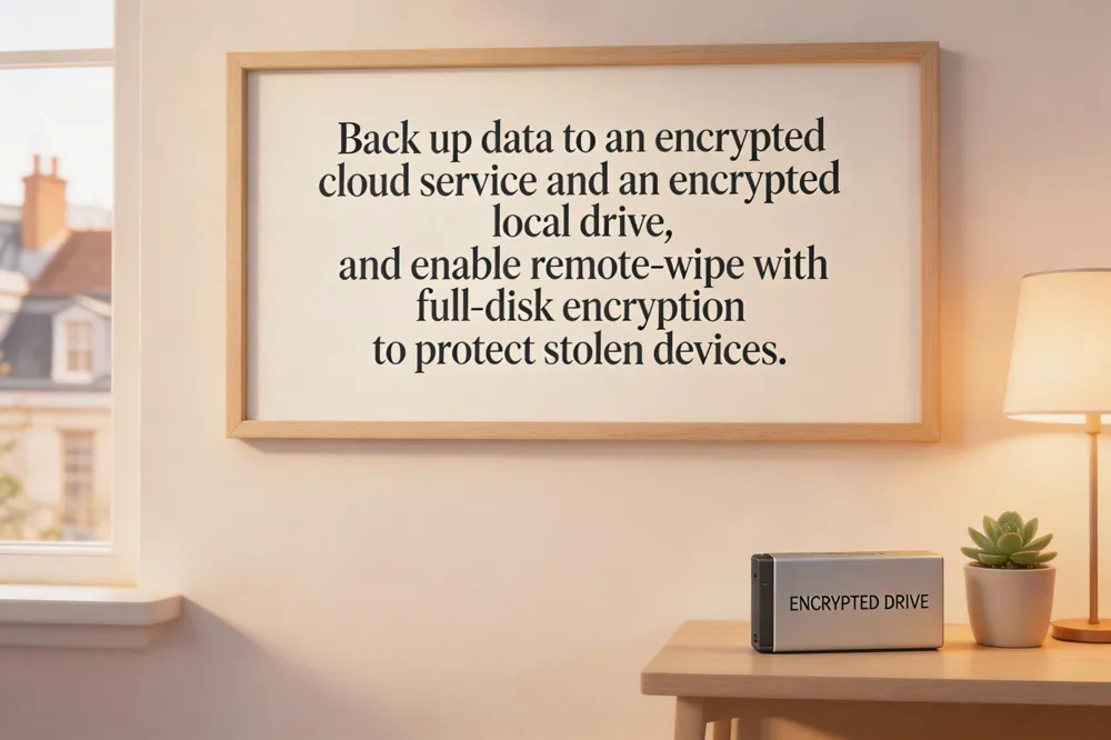 Back up data to an encrypted cloud service and an encrypted local drive, and enable remote‑wipe with full‑disk encryption to protect stolen devices.