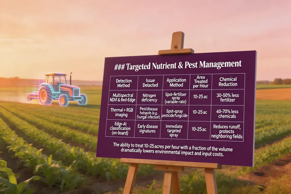 ### Targeted Nutrient & Pest Management
| Detection Method | Issue Detected | Application Method | Area Treated per Hour | Chemical Reduction |
|---|---|---|---|---|
| Multispectral NDVI & Red‑Edge | Nitrogen deficiency | Spot‑fertiliser spray (variable‑rate) | 10‑25 ac | 30‑50 % less fertilizer |
| Thermal + RGB imaging | Pest/disease hotspots (e.g., fungal infection) | Spot‑spray pesticide/fungicide | 10‑25 ac | 40‑70 % less chemicals |
| Edge‑AI classification (on‑board) | Early disease signatures | Immediate targeted spray | 10‑25 ac | Reduces runoff, protects neighboring fields |
The ability to treat 10‑25 acres per hour with a fraction of the volume dramatically lowers environmental impact and input costs.