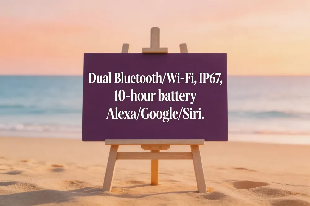 Dual Bluetooth/Wi‑Fi, IP67, 10‑hour battery, Alexa/Google/Siri.