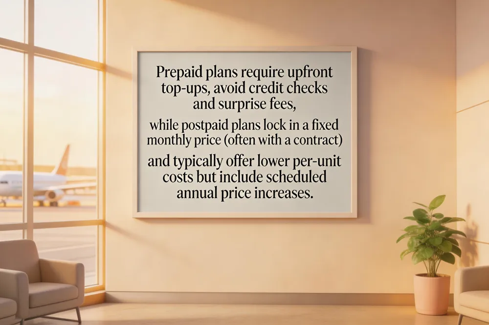 Prepaid plans require upfront top‑ups, avoid credit checks and surprise fees, while postpaid plans lock in a fixed monthly price (often with a contract) and typically offer lower per‑unit costs but include scheduled annual price increases.