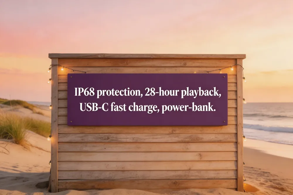 IP68 protection, 28‑hour playback, USB‑C fast charge, power‑bank.