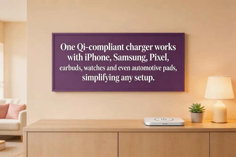 One Qi‑compliant charger works with iPhone, Samsung, Pixel, earbuds, watches and even automotive pads, simplifying any setup.