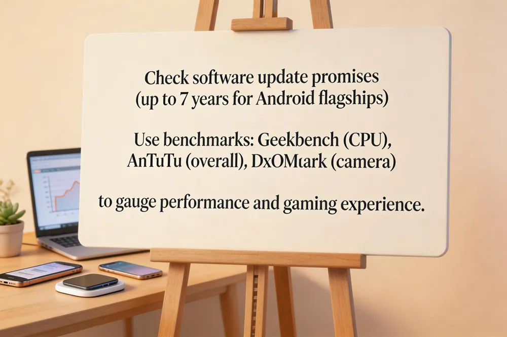 Check software update promises (up to 7 years for Android flagships). Use benchmarks: Geekbench (CPU), AnTuTu (overall), DxOMark (camera) to gauge performance and gaming experience.