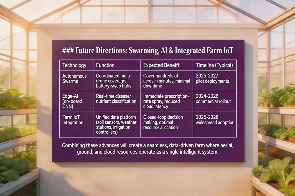### Future Directions: Swarming, AI & Integrated Farm IoT
| Technology | Function | Expected Benefit | Timeline (Typical) |
|---|---|---|---|
| Autonomous Swarms | Coordinated multi‑drone coverage, battery‑swap hubs | Cover hundreds of acres in minutes, minimal downtime | 2025‑2027 pilot deployments |
| Edge‑AI (on‑board CNN) | Real‑time disease/nutrient classification | Immediate prescription‑rate spray, reduced cloud latency | 2024‑2026 commercial rollout |
| Farm IoT Integration | Unified data platform (soil sensors, weather stations, irrigation controllers) | Closed‑loop decision making, optimal resource allocation | 2025‑2028 widespread adoption |
Combining these advances will create a seamless, data‑driven farm where aerial, ground, and cloud resources operate as a single intelligent system.