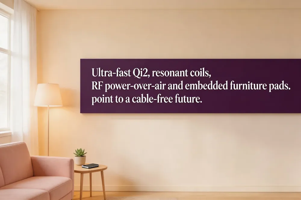 Ultra‑fast Qi2, resonant coils, RF power‑over‑air and embedded furniture pads point to a cable‑free future.