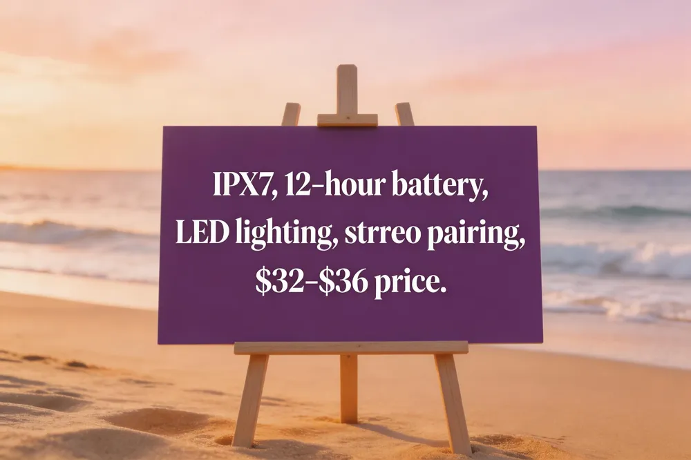 IPX7, 12‑hour battery, LED lighting, stereo pairing, $32‑$36 price.