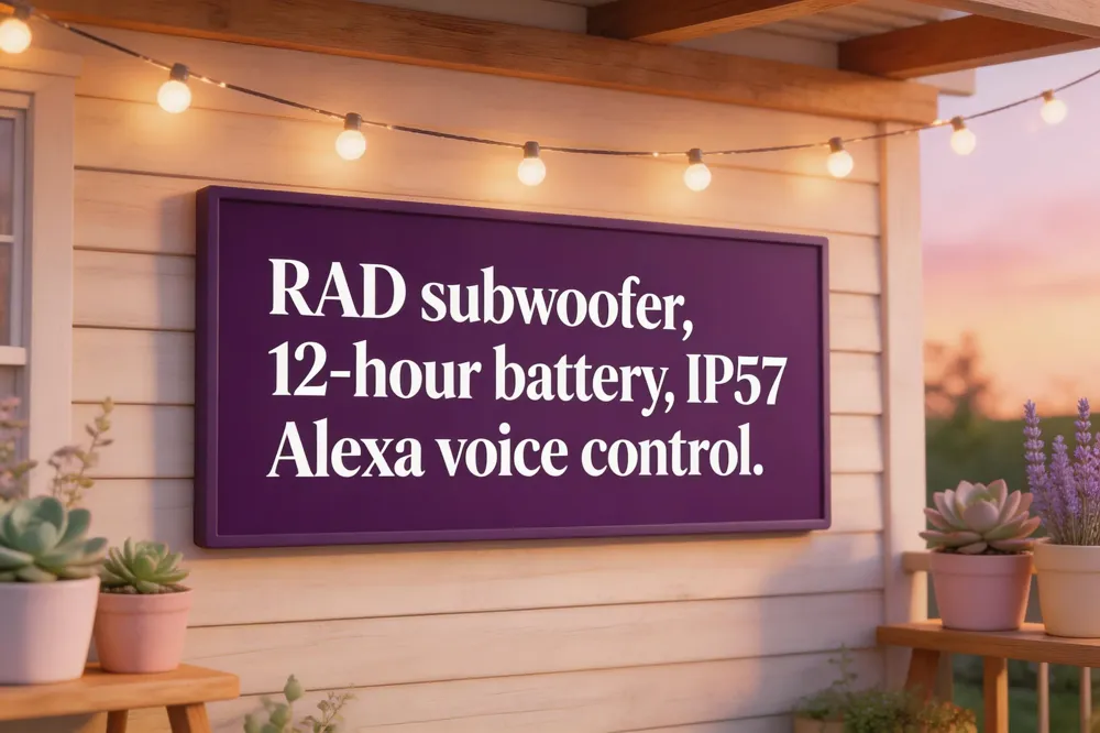 RAD subwoofer, 12‑hour battery, IP57, Alexa voice control.