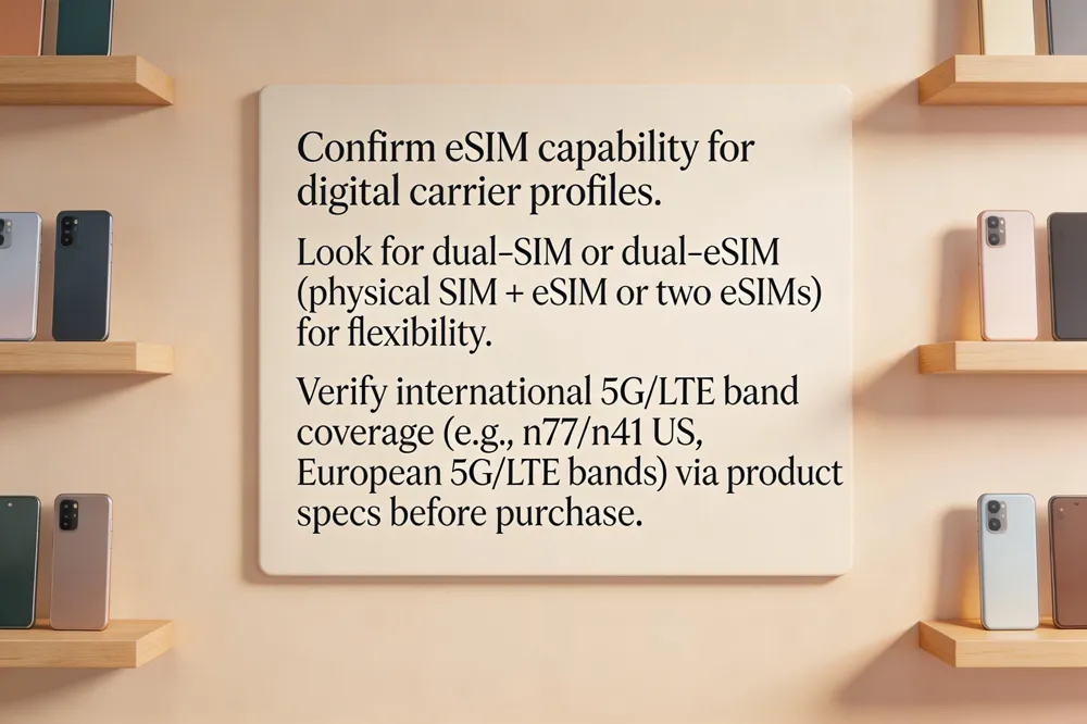 Confirm eSIM capability for digital carrier profiles. Look for dual‑SIM or dual‑eSIM (physical SIM + eSIM or two eSIMs) for flexibility. Verify international 5G/LTE band coverage (e.g., n77/n41 US, European 5G/LTE bands) via product specs before purchase.