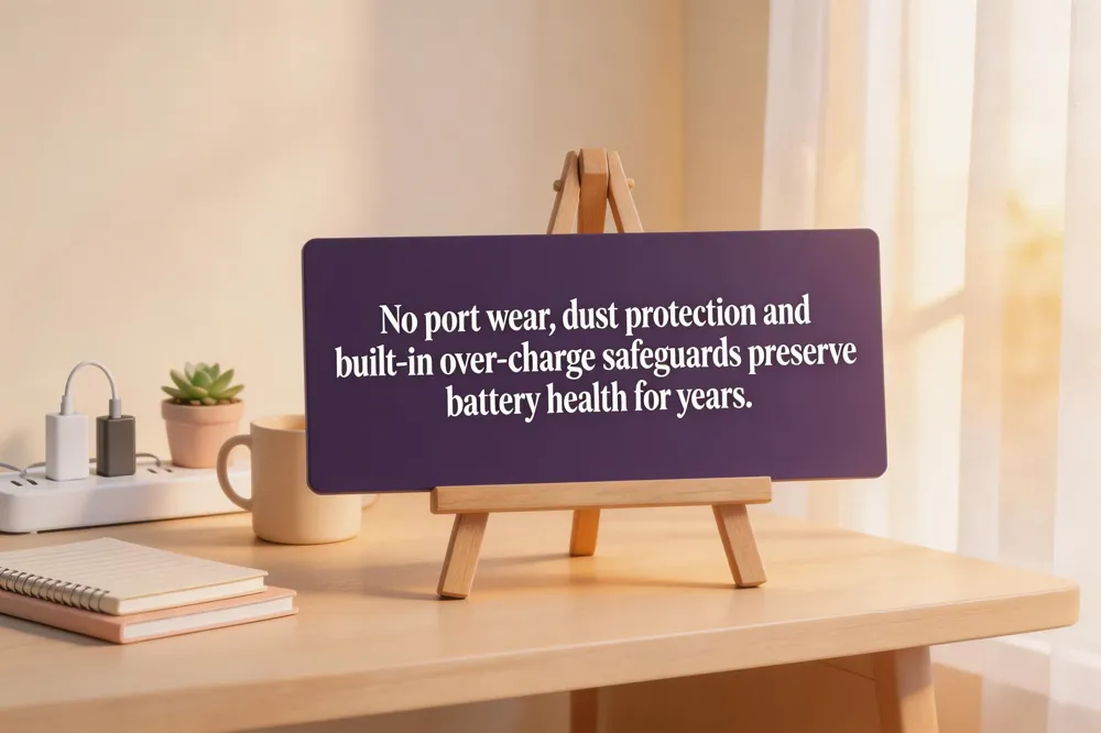 No port wear, dust protection and built‑in over‑charge safeguards preserve battery health for years.