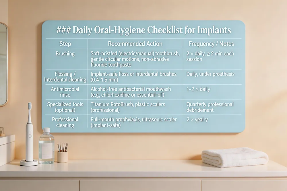 ### Daily Oral‑Hygiene Checklist for Implants
| Step | Recommended Action | Frequency / Notes |
|---|---|---|
| Brushing | Soft‑bristled (electric or manual) toothbrush, gentle circular motions, non‑abrasive fluoride toothpaste | 2 × daily, ≥ 2 min each session |
| Flossing / Interdental cleaning | Implant‑safe floss or interdental brushes (0.4‑1.5 mm) | Daily, under prosthesis |
| Antimicrobial rinse | Alcohol‑free antibacterial mouthwash (e.g., chlorhexidine or essential‑oil) | 1‑2 × daily |
| Specialized tools (optional) | Titanium RotoBrush, plastic scalers (professional) | Quarterly professional debridement |
| Professional cleaning | Full‑mouth prophylaxis, ultrasonic scaler (implant‑safe) | 2 × yearly |
| 
