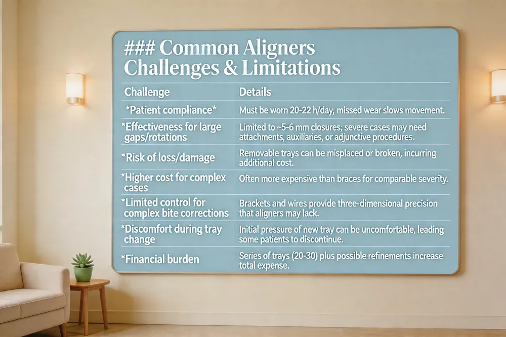 ### Common Aligners Challenges & Limitations
| Challenge | Details |
|---|---|
| Patient compliance | Must be worn 20‑22 h/day; missed wear slows movement. |
| Effectiveness for large gaps/rotations | Limited to ~5‑6 mm closures; severe cases may need attachments, auxiliaries, or adjunctive procedures. |
| Risk of loss/damage | Removable trays can be misplaced or broken, incurring additional cost. |
| Higher cost for complex cases | Often more expensive than braces for comparable severity. |
| Limited control for complex bite corrections | Brackets and wires provide three‑dimensional precision that aligners may lack. |
| Discomfort during tray change | Initial pressure of new tray can be uncomfortable, leading some patients to discontinue. |
| Financial burden | Series of trays (20‑30) plus possible refinements increase total expense. |
| 