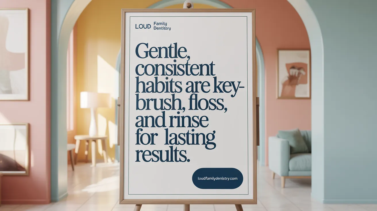 Gentle, consistent habits are key—brush, floss, and rinse for lasting results.