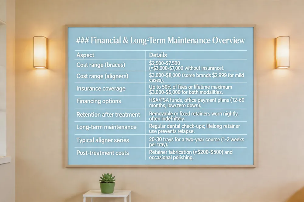 ### Financial & Long‑Term Maintenance Overview
| Aspect | Details |
|---|---|
| Cost range (braces) | $2,500‑$7,500 (≈$3,000‑$7,000 without insurance). |
| Cost range (aligners) | $3,000‑$8,000 (some brands $2,999 for mild cases). |
| Insurance coverage | Up to 50 % of fees or lifetime maximum $3,000‑$5,000 for both modalities. |
| Financing options | HSA/FSA funds, office payment plans (12‑60 months, low/zero down). |
| Retention after treatment | Removable or fixed retainers worn nightly, often indefinitely. |
| Long‑term maintenance | Regular dental check‑ups; lifelong retainer use prevents relapse. |
| Typical aligner series | 20‑30 trays for a two‑year course (1‑2 weeks per tray). |
| Post‑treatment costs | Retainer fabrication (≈$200‑$500) and occasional polishing. |
| 