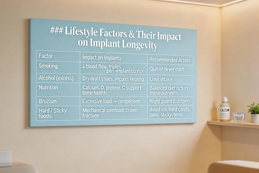 ### Lifestyle Factors & Their Impact on Implant Longevity
| Factor | Impact on Implants | Recommended Action |
|---|---|---|
| Smoking | ↓ blood flow, triples peri‑implantitis risk | Quit or never start |
| Alcohol (excess) | Dry oral tissues, impairs healing | Limit intake |
| Nutrition | Calcium, D, protein, C support bone health | Balanced diet rich in these nutrients |
| Bruxism | Excessive load → component fracture | Night guard (custom) |
| Hard / Sticky foods | Mechanical overload, crown fracture | Avoid ice, hard candy, pens, sticky items |
| 